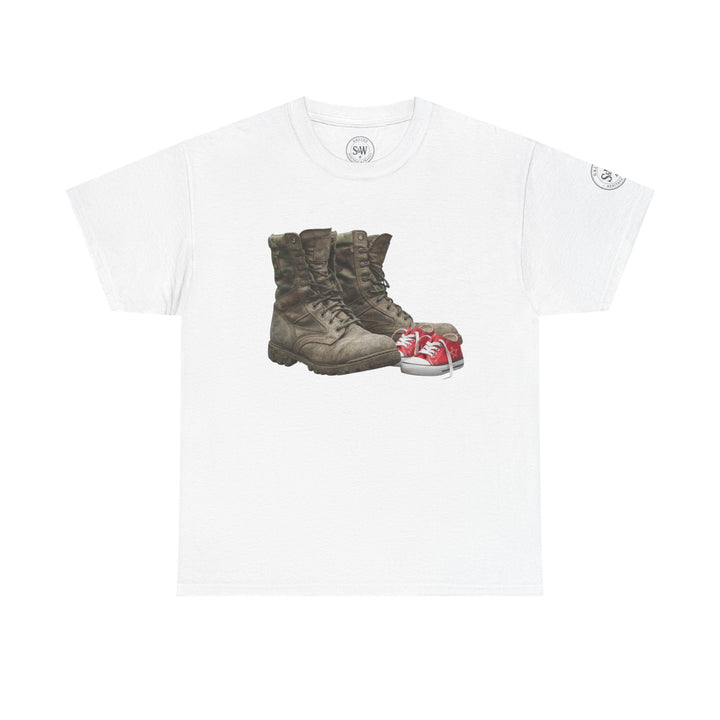 White t-shirt by S&amp;W Gallus, featuring a print of combat boots beside a pair of tiny red sneakers.