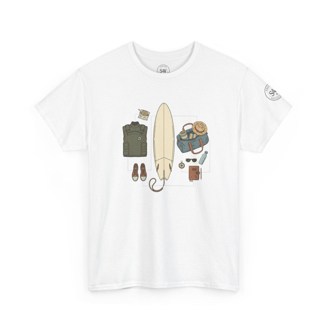 White t-shirt by S&amp;W Gallus with a graphic of surfing gear printed on the front.