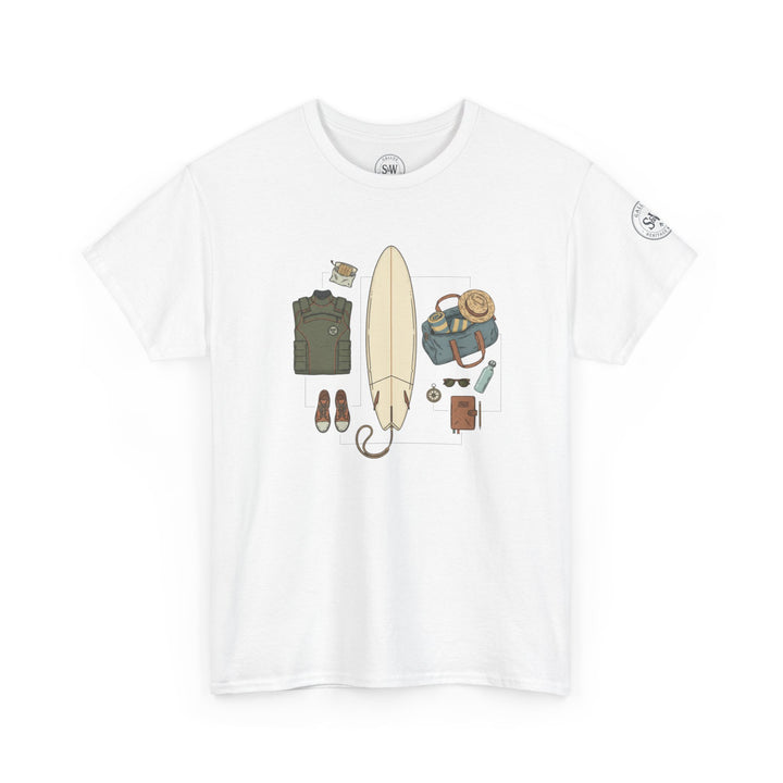 White t-shirt by S&amp;W Gallus with a graphic of surfing gear printed on the front.
