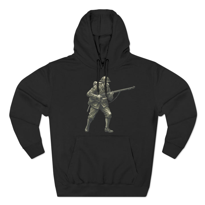 Black heritage hoodie by S&amp;W Gallus with vintage soldier design and front pocket.
