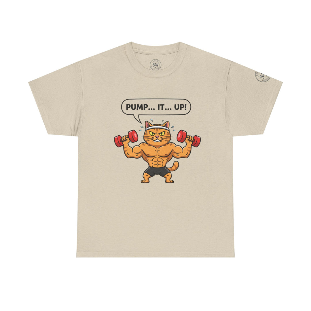 Beige t-shirt by S&amp;W Gallus, featuring a muscular cartoon cat lifting weights with "Pump...It...Up!" text.
