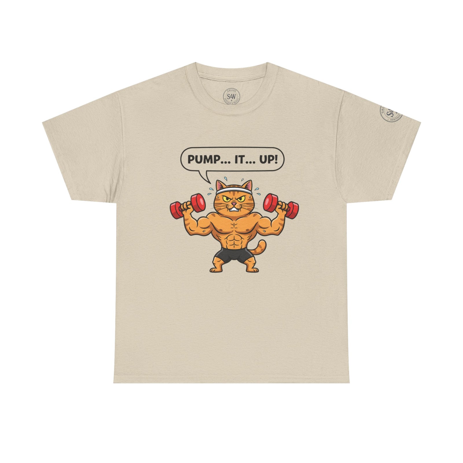 Beige t-shirt by S&W Gallus, featuring a muscular cartoon cat lifting weights with "Pump...It...Up!" text.
