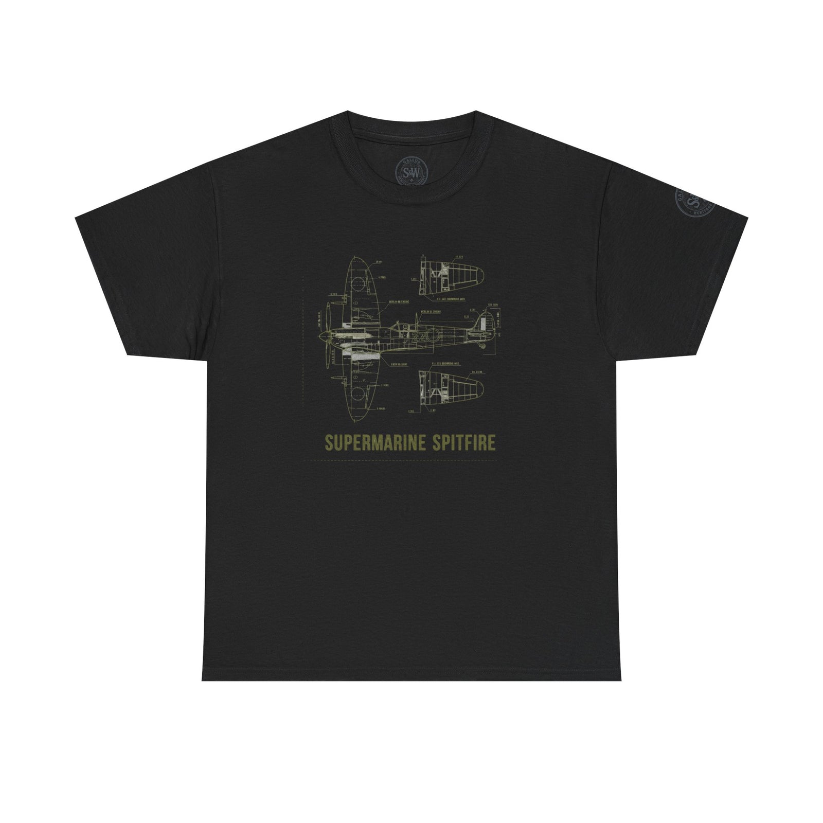 Black Supermarine Spitfire blueprint graphic t-shirt by S&W Gallus, featuring aircraft schematic drawing.