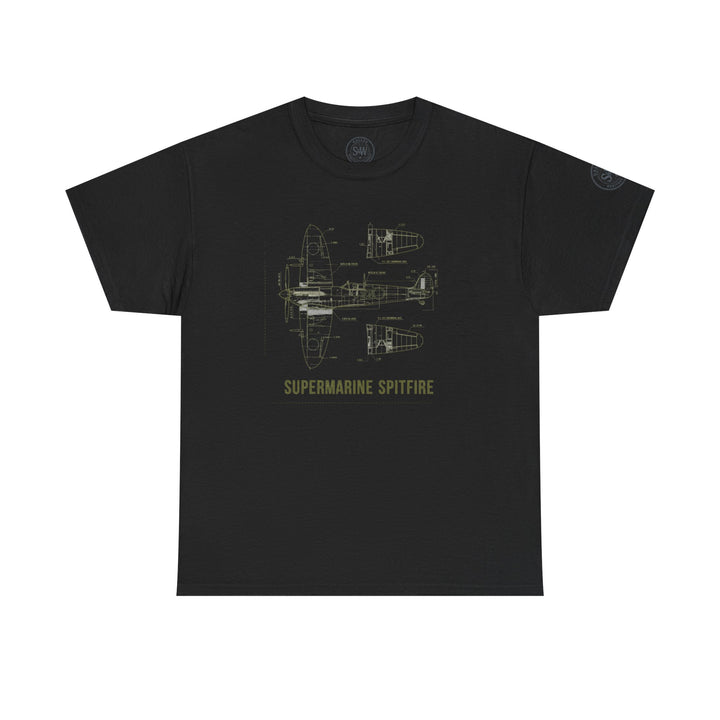 Black Supermarine Spitfire blueprint graphic t-shirt by S&amp;W Gallus, featuring aircraft schematic drawing.
