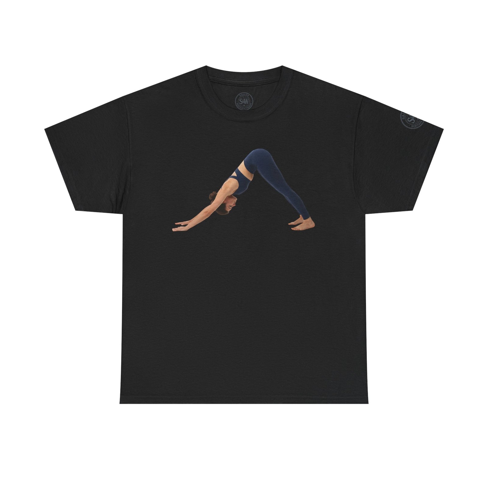 Black t-shirt by S&W Gallus, featuring a woman doing downward dog yoga pose on the front.
