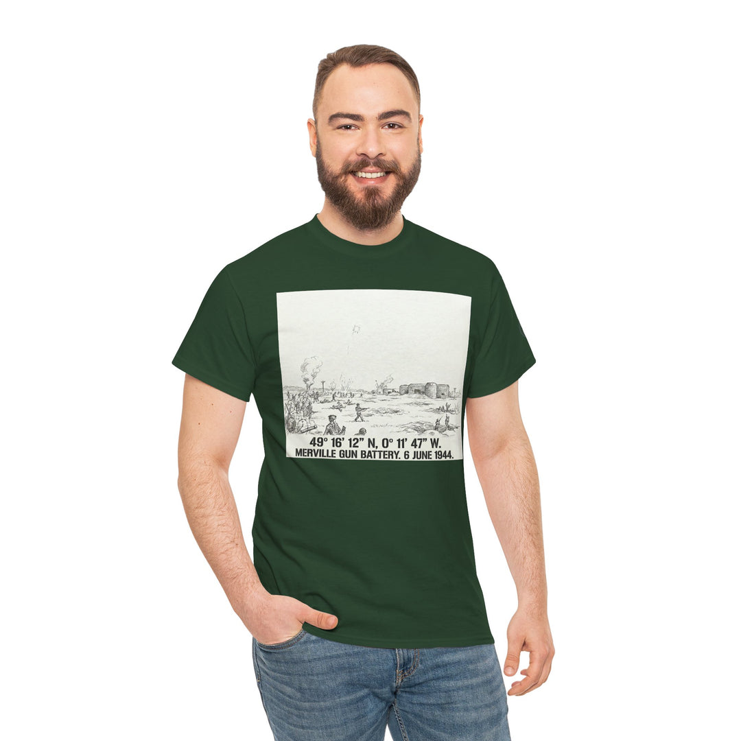 Green Normandy D-Day Merville Gun Battery Sketch T-shirt, by Veteran owned, with graphic print, worn with jeans.