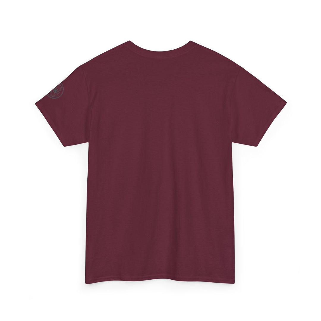 Maroon t-shirt by S&amp;W Gallus, featuring a graphic on the left sleeve, displayed on a white background.