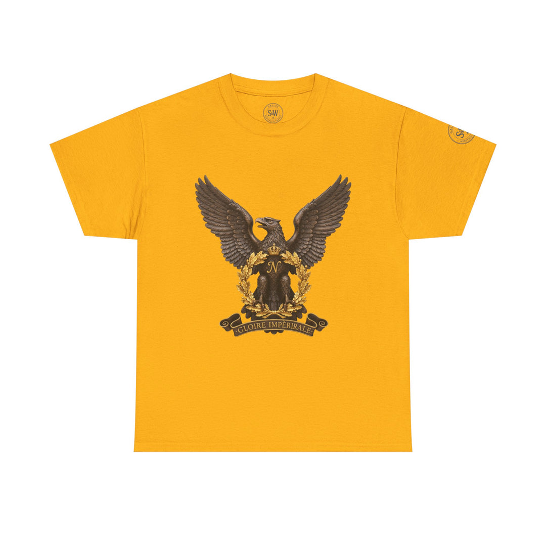 Gold t-shirt by S&amp;W Gallus with an eagle crest featuring the letter N and "Gloire Imperiale."