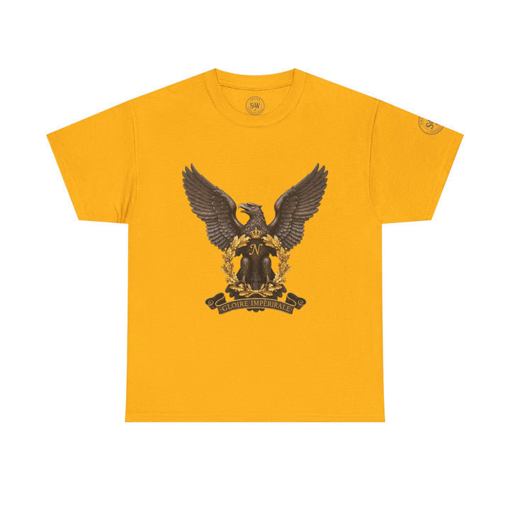 Gold t-shirt by S&amp;W Gallus with an eagle crest featuring the letter N and "Gloire Imperiale."