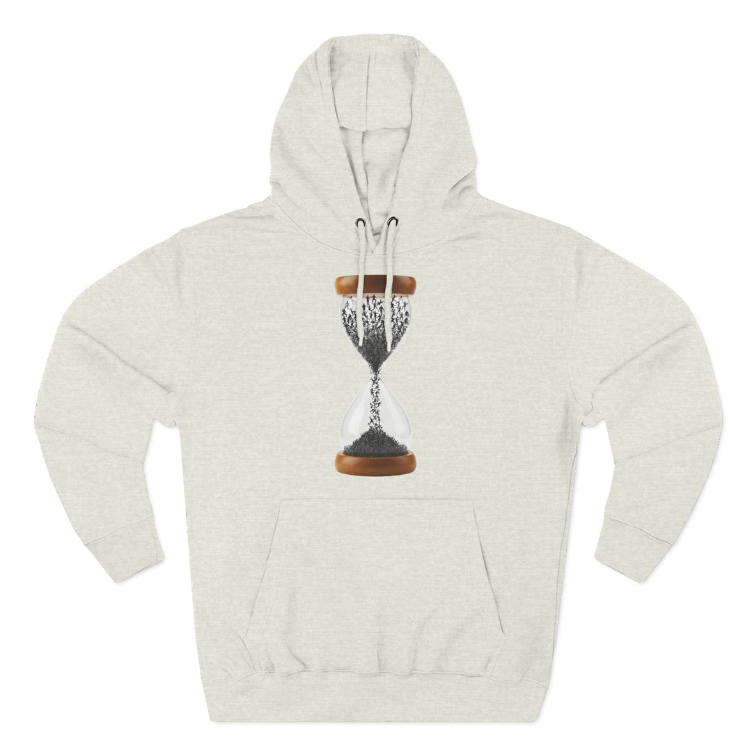 Heather grey hoodie by S&amp;W Gallus featuring an hourglass graphic filled with silhouette figures, styled with a kangaroo pocket.