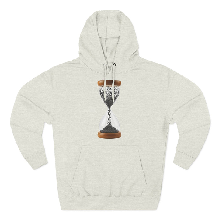 Heather grey hoodie by S&amp;W Gallus featuring an hourglass graphic filled with silhouette figures, styled with a kangaroo pocket.