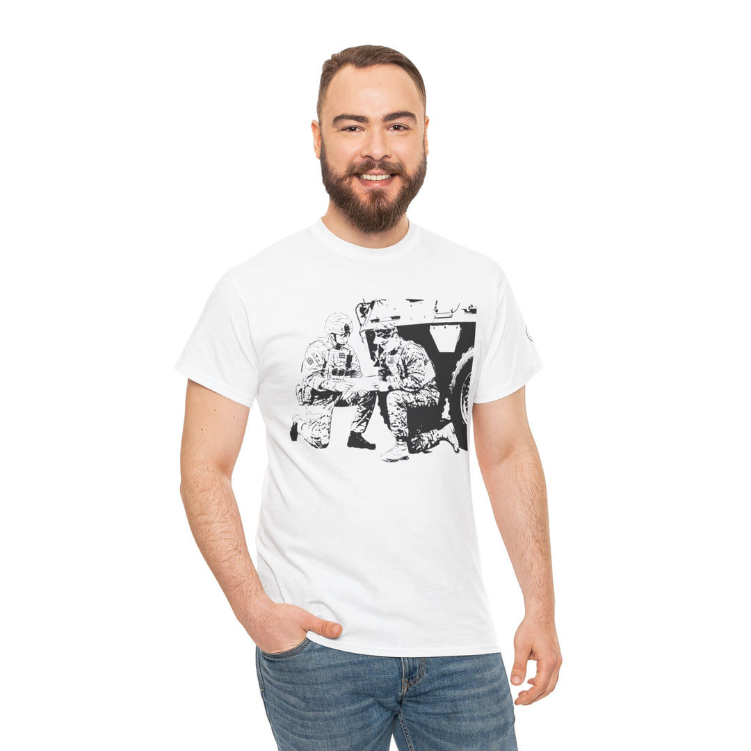White graphic t-shirt by S&amp;W Gallus featuring a design of UK and US troops, styled with jeans.