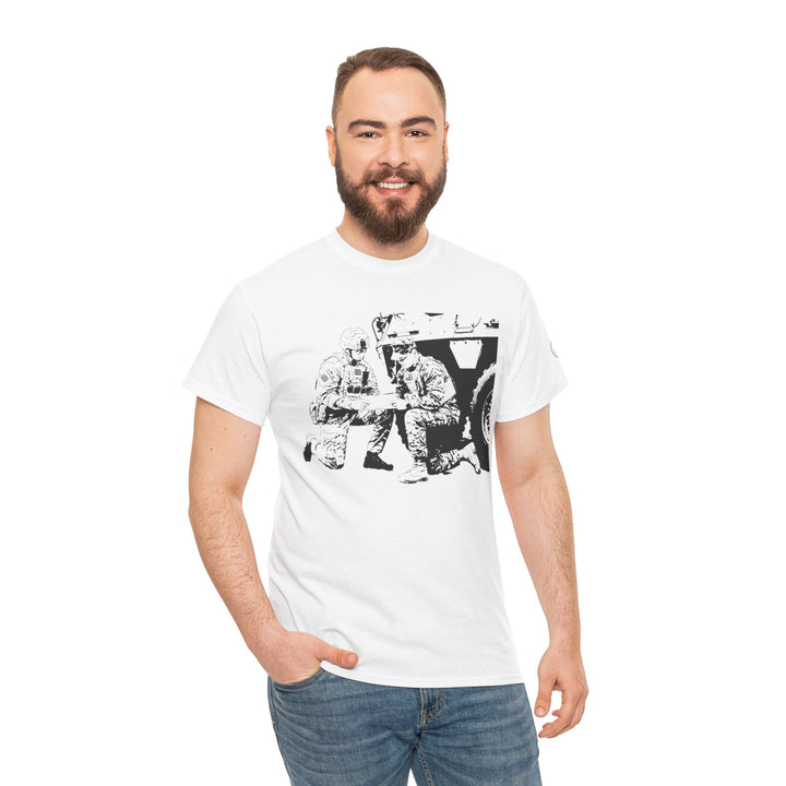 White graphic t-shirt by S&amp;W Gallus featuring a design of UK and US troops, styled with jeans.