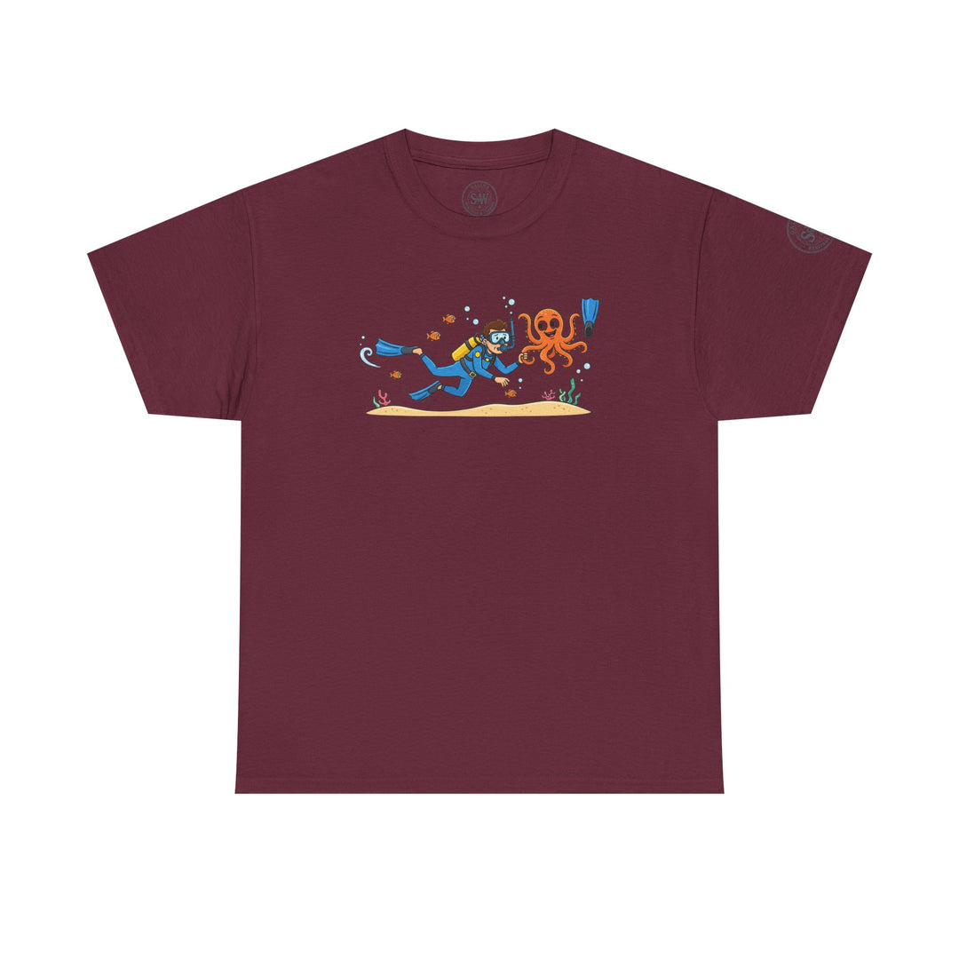 Maroon t-shirt by S&amp;W Gallus featuring a cartoon drawing of a scuba diver encountering an octopus under the sea.