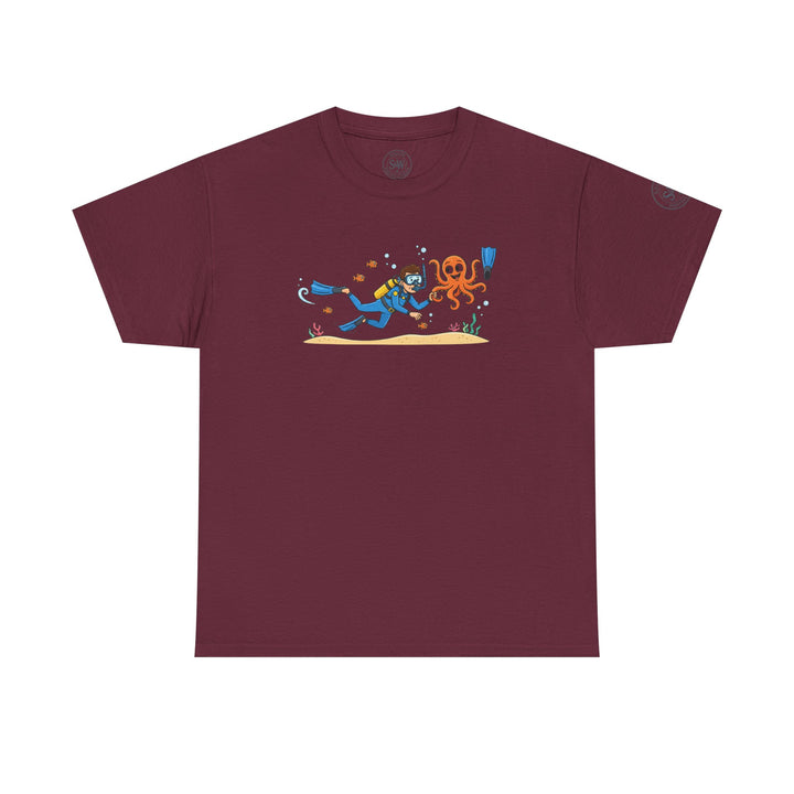 Maroon t-shirt by S&amp;W Gallus featuring a cartoon drawing of a scuba diver encountering an octopus under the sea.
