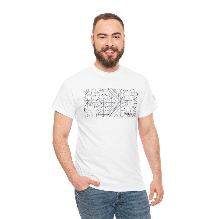 White graphic t-shirt by S&amp;W Gallus with a black topographic map design, worn with jeans by a smiling man.
