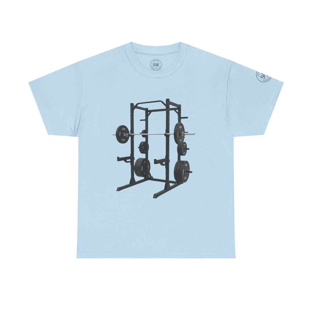 Light blue T-shirt by S&amp;W Gallus, featuring a black graphic of a power rack with weights.