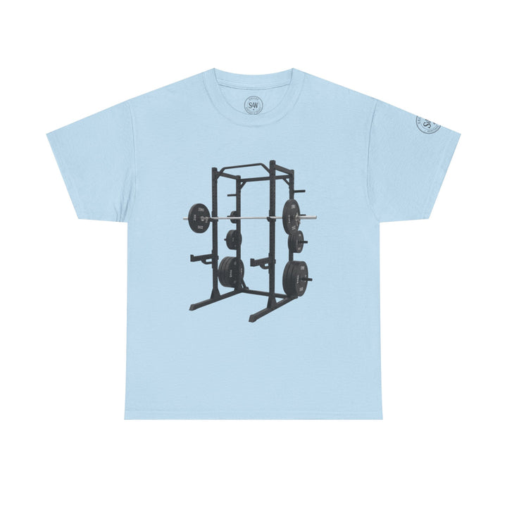 Light blue T-shirt by S&amp;W Gallus, featuring a black graphic of a power rack with weights.