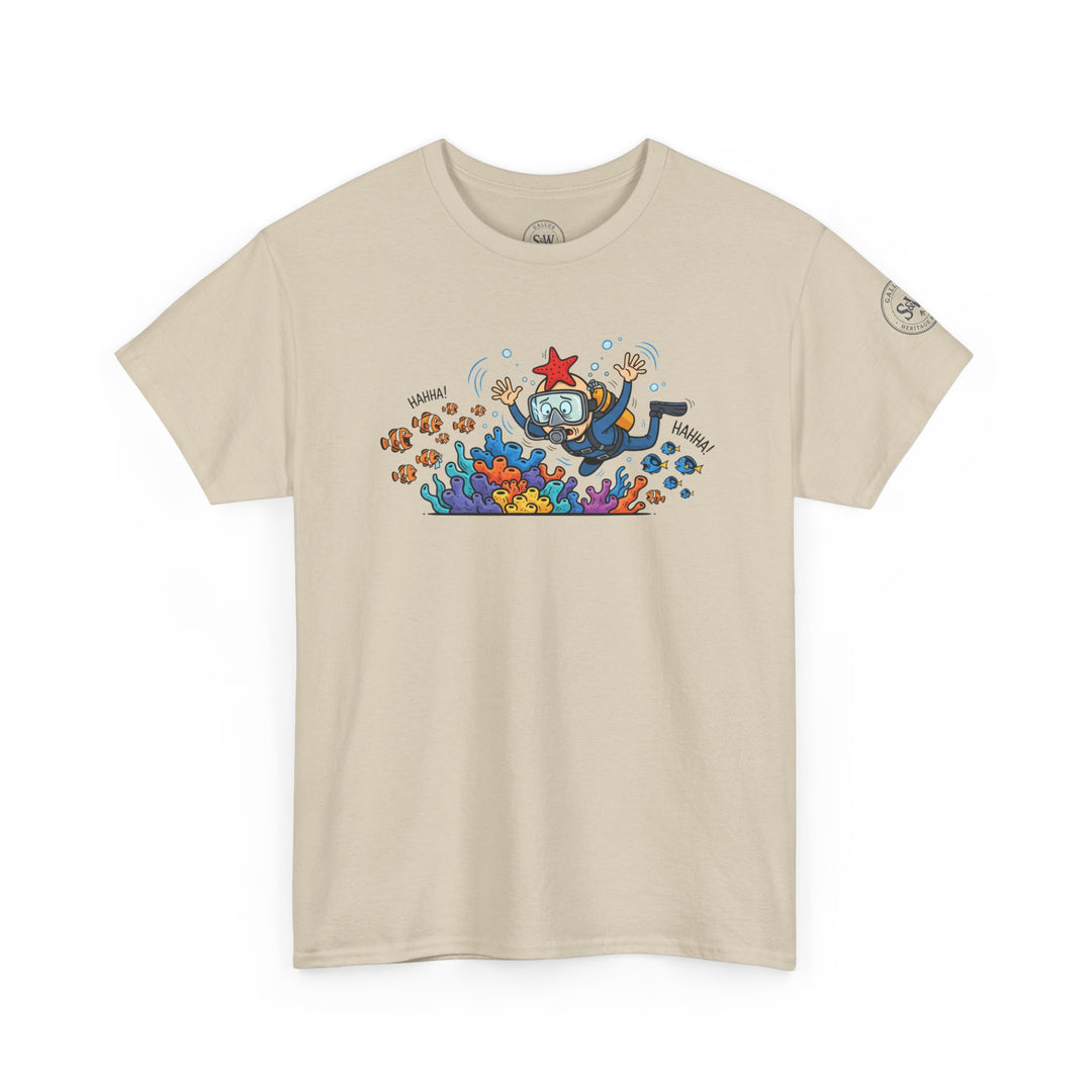 Beige t-shirt by S&amp;W Gallus with a cartoon scuba diver and coral reef graphic.