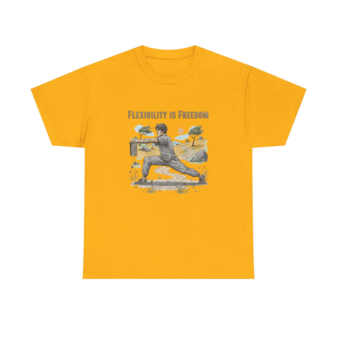 Flexibility Is Freedom Tee – soft, breathable cotton featuring a motivational design. Perfect for yoga, Pilates, stretching, or casual active lifestyle wear.