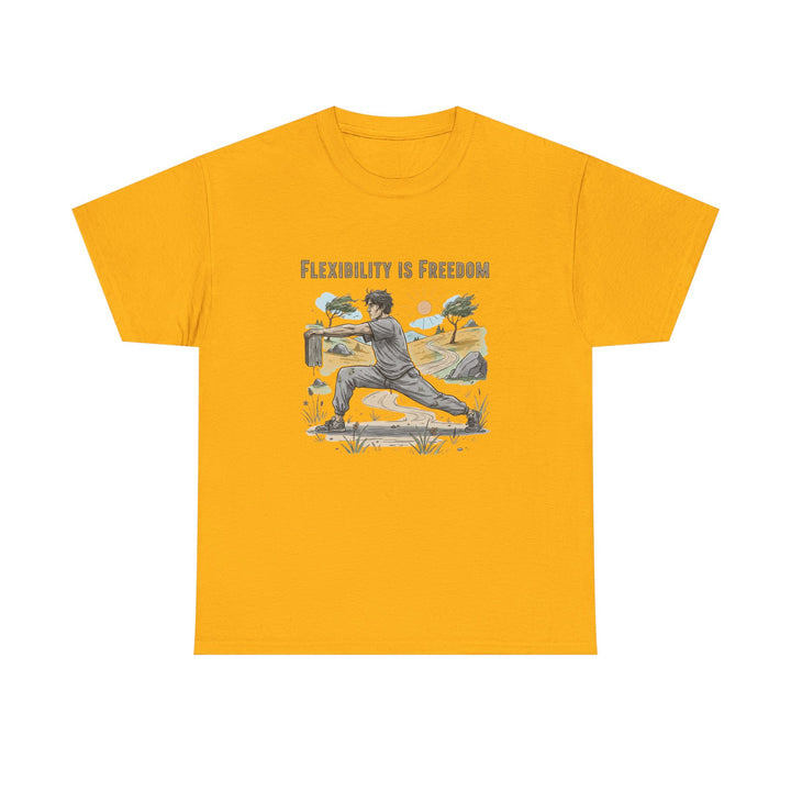 Flexibility Is Freedom Tee – soft, breathable cotton featuring a motivational design. Perfect for yoga, Pilates, stretching, or casual active lifestyle wear.