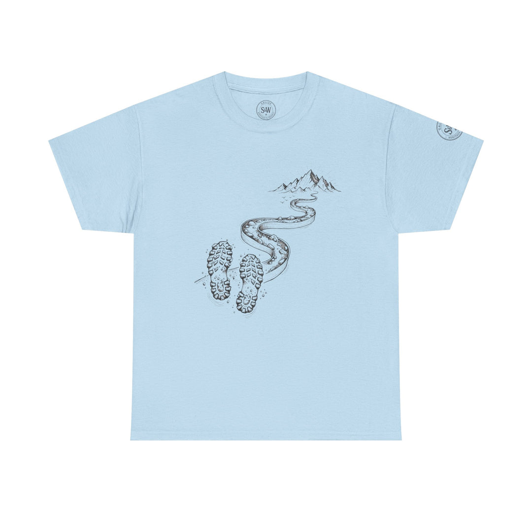 Light blue t-shirt by S&amp;W Gallus featuring a hiking trail illustration with mountains and footprints.