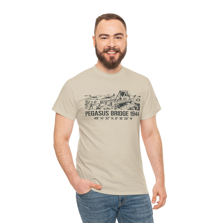Sand-colored Pegasus Bridge 1944 t-shirt by S&amp;W Gallus, featuring a graphic print and styled with blue jeans.
