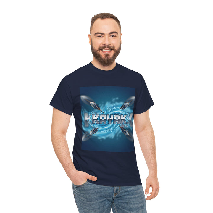 Navy Kayak Graphic Tee by S&amp;W Gallus with kayak paddles and lettering graphic on the front, worn with blue jeans.
