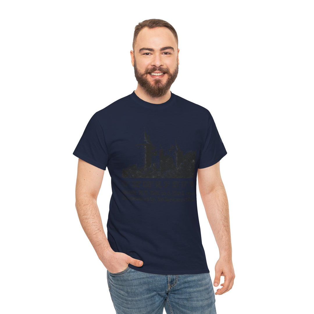 Navy t-shirt by S&amp;W Gallus featuring a vintage Welsh castle illustration, worn with blue jeans.