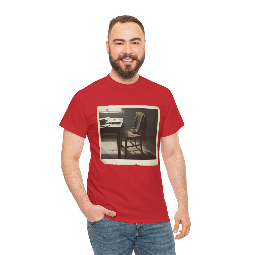 Red t-shirt by S&amp;W Gallus featuring a vintage photograph print on the front, worn with denim jeans.