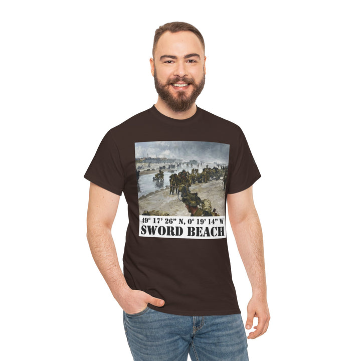 Brown T-shirt with Sword Beach graphic by Veteran owned, worn with blue jeans on a smiling model.