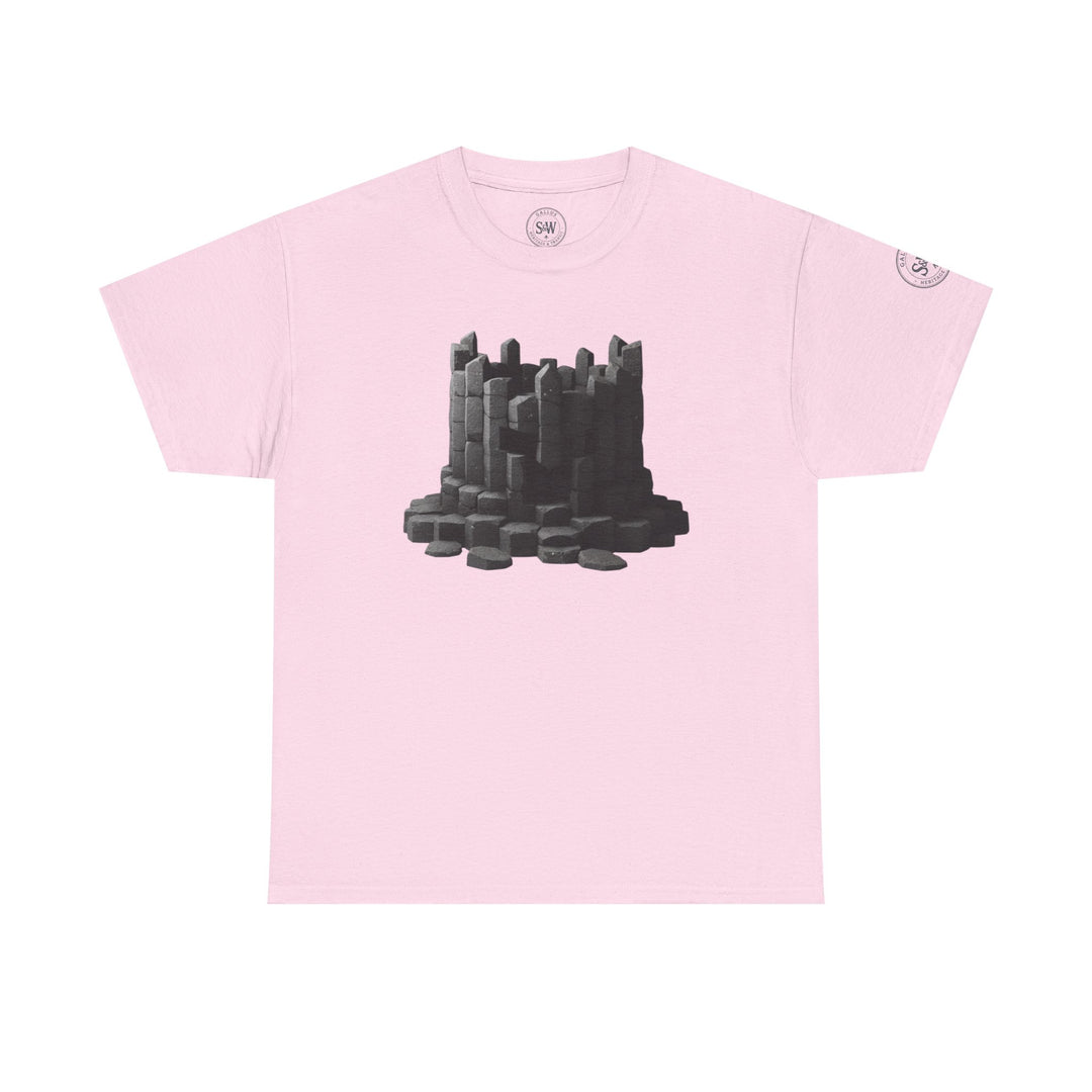 Pink t-shirt by S&amp;W Gallus featuring a dark grey basalt crown graphic on the front.