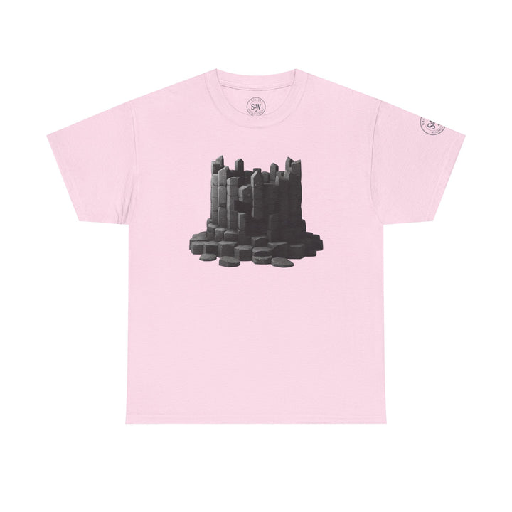 Pink t-shirt by S&amp;W Gallus featuring a dark grey basalt crown graphic on the front.