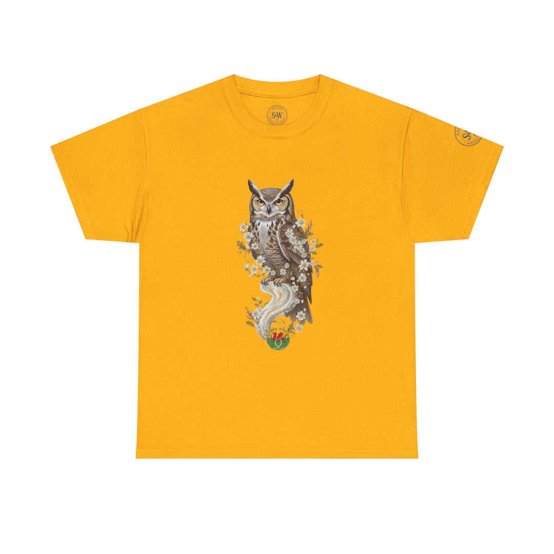 Mustard yellow t-shirt by S&amp;W Gallus, featuring an owl perched on a branch with floral accents.
