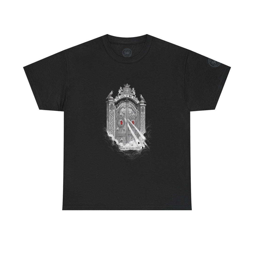 Black graphic T-shirt by S&amp;W Gallus, featuring a gate with shamrocks, eagles, and a banner.