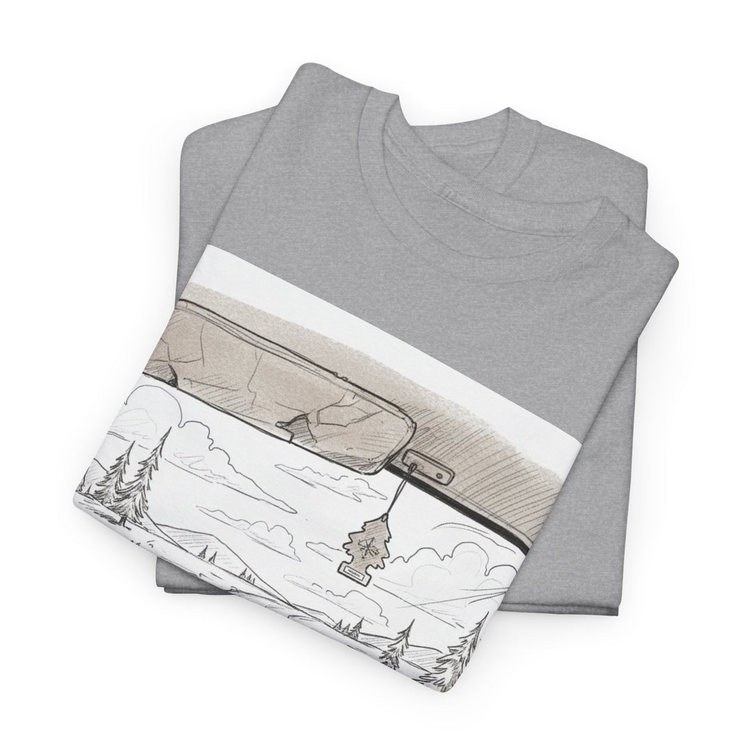 Scenic Drive Van Illustration Tee – soft cotton with a detailed van and landscape design. Perfect for road trips, outdoor adventures, and casual wear.