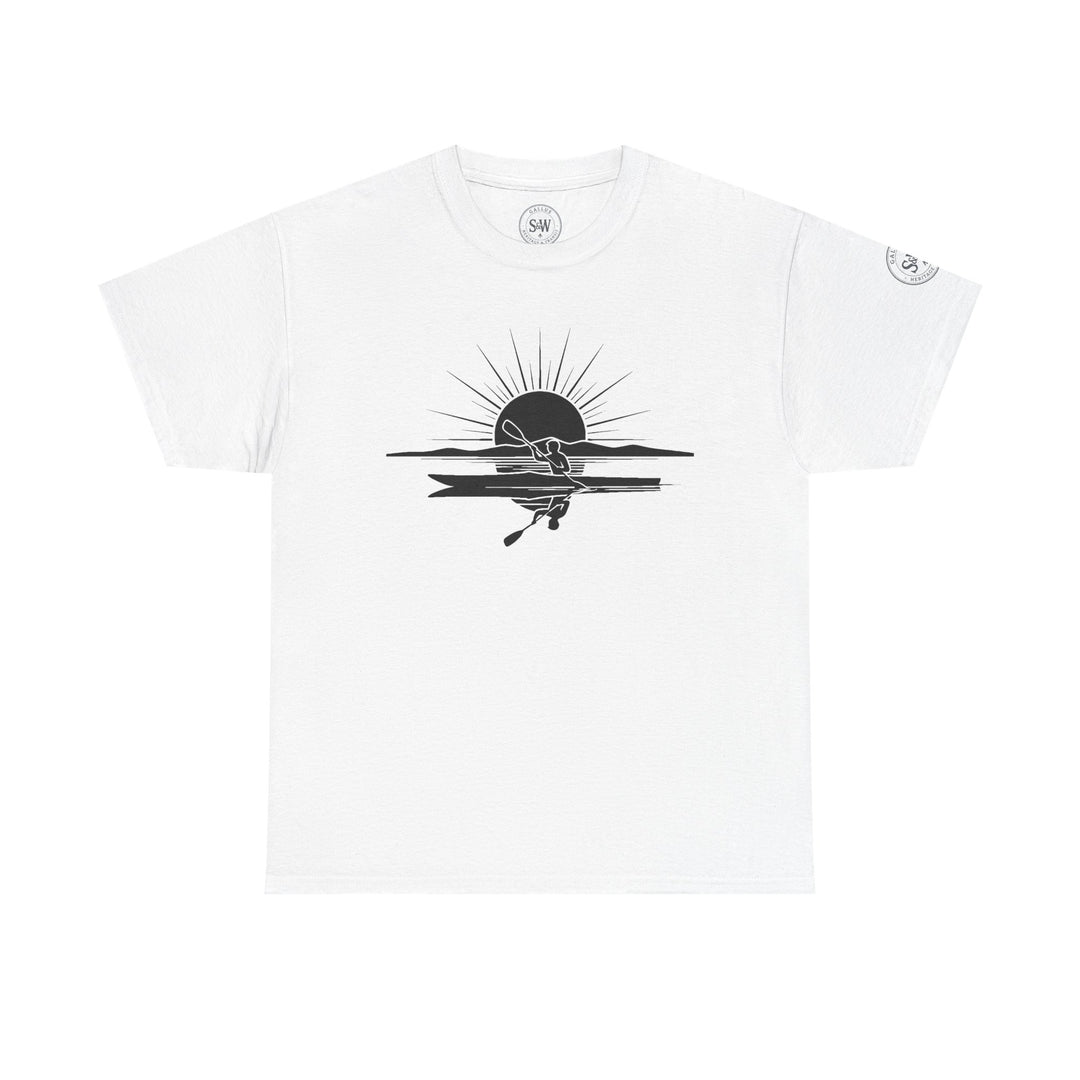 White T-shirt by S&amp;W Gallus with a black graphic of a kayaker reflected in the water under a sun.