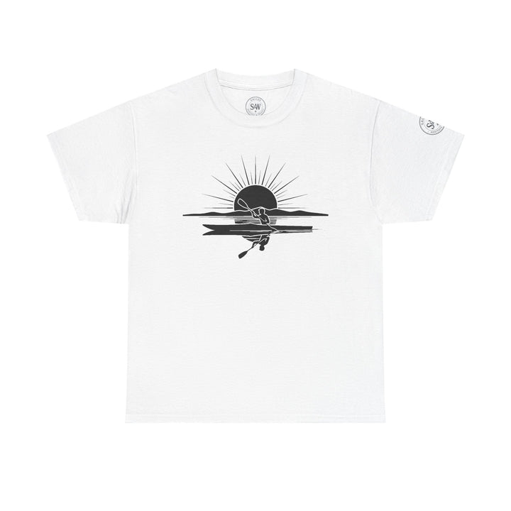 White T-shirt by S&amp;W Gallus with a black graphic of a kayaker reflected in the water under a sun.