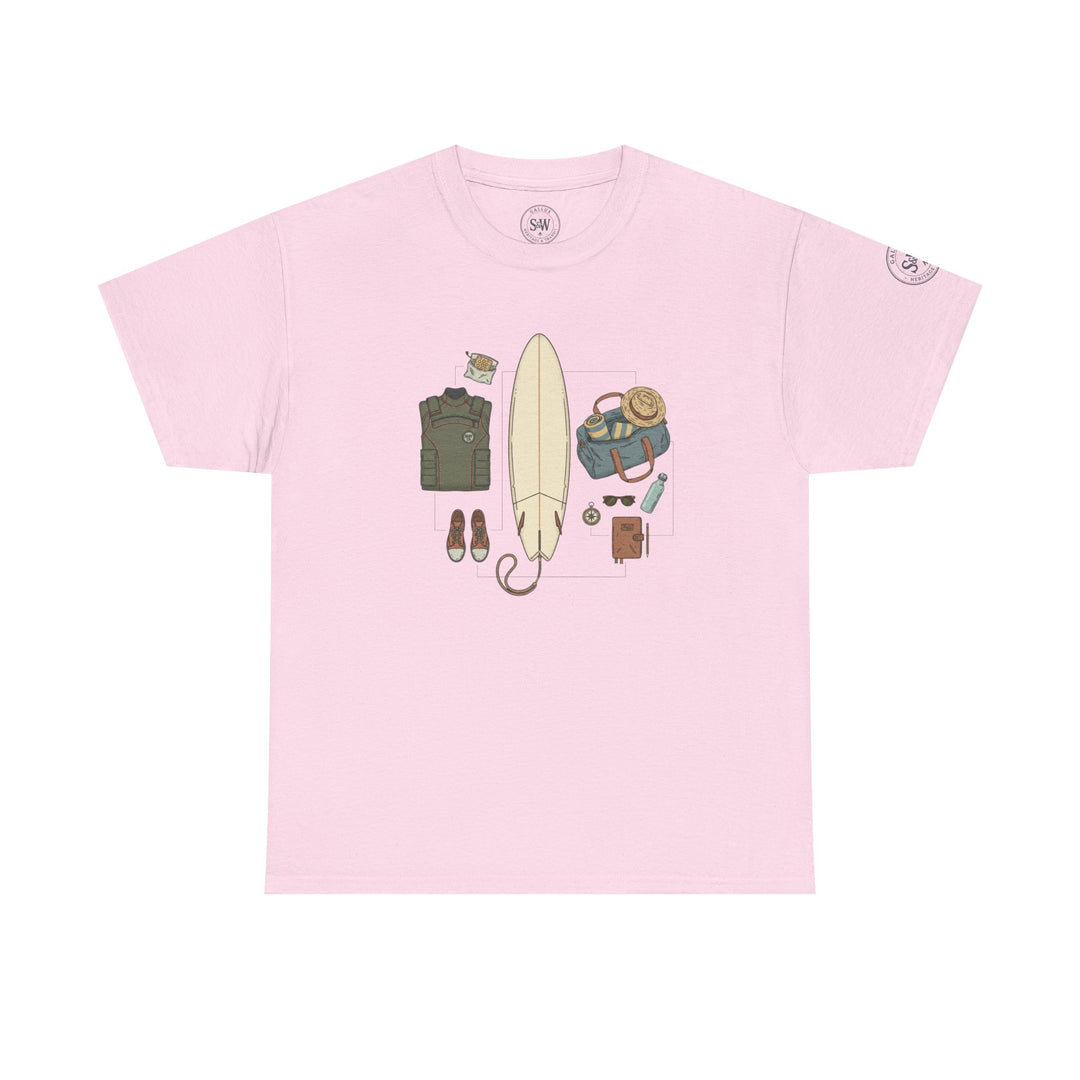 Pink t-shirt by S&amp;W Gallus featuring a printed graphic design of surf gear and accessories.