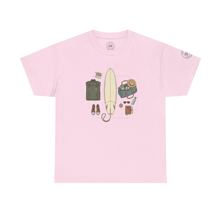 Pink t-shirt by S&amp;W Gallus featuring a printed graphic design of surf gear and accessories.