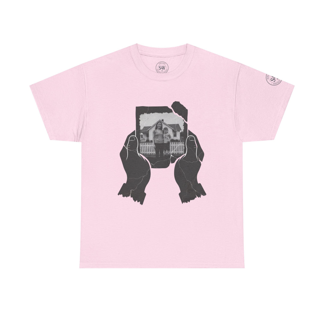 Pink tee by S&amp;W Gallus featuring a pair of hands holding a distressed photograph print.