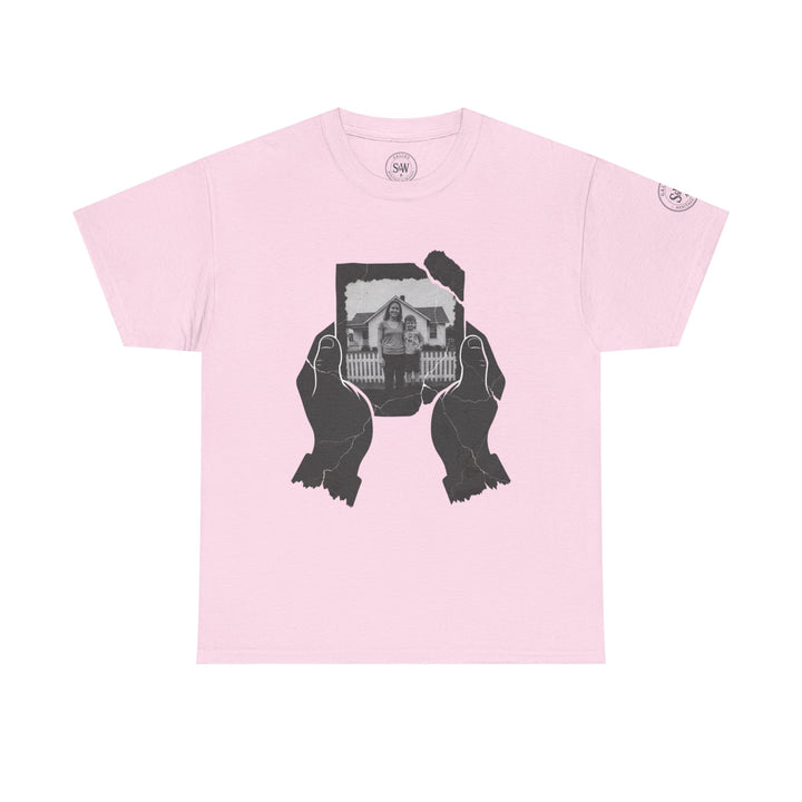 Pink tee by S&amp;W Gallus featuring a pair of hands holding a distressed photograph print.