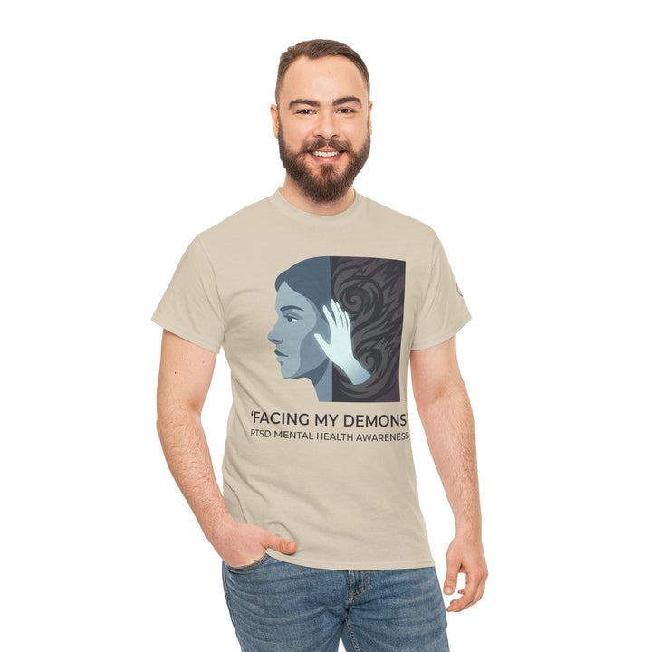 Beige graphic t-shirt by Veteran owned, featuring a woman&