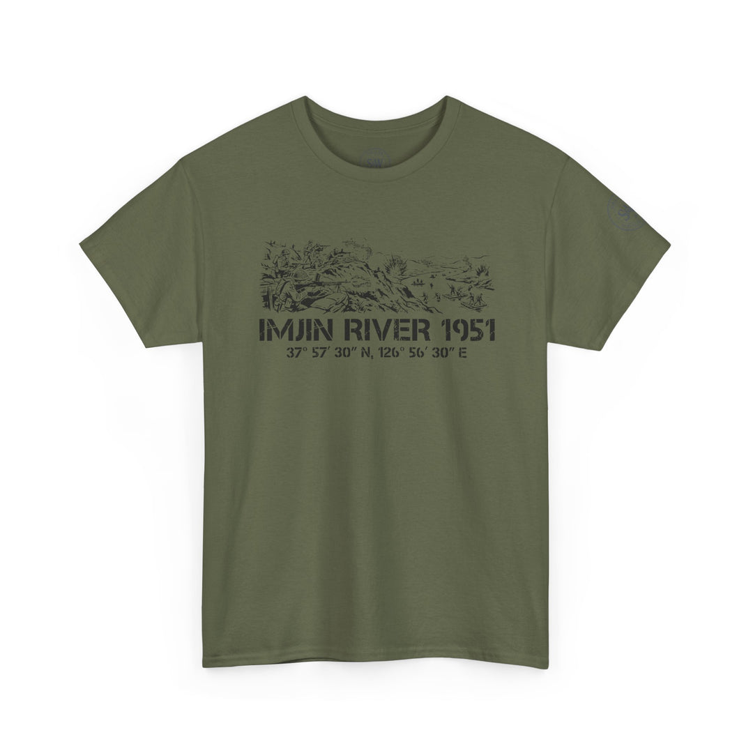 Olive drab t-shirt by S&amp;W Gallus, featuring a war scene graphic and coordinates in black ink.