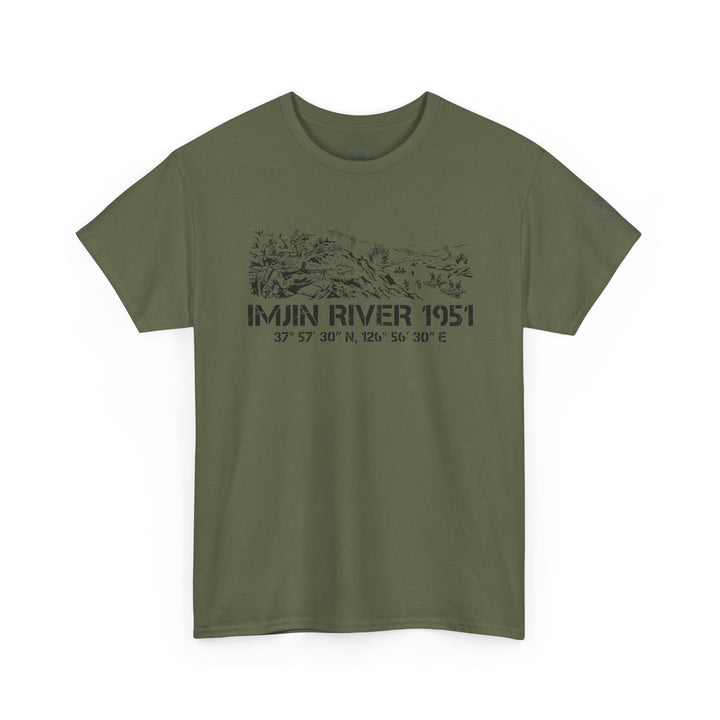 Olive drab t-shirt by S&amp;W Gallus, featuring a war scene graphic and coordinates in black ink.