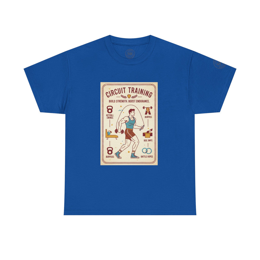 Blue t-shirt by S&amp;W Gallus, featuring a circuit training graphic print on the front.