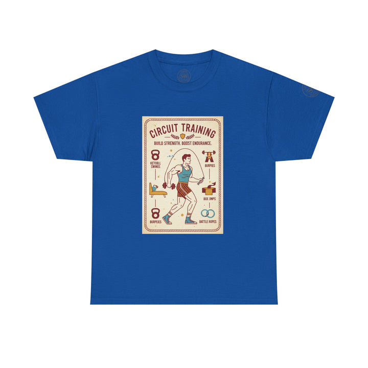 Blue t-shirt by S&amp;W Gallus, featuring a circuit training graphic print on the front.