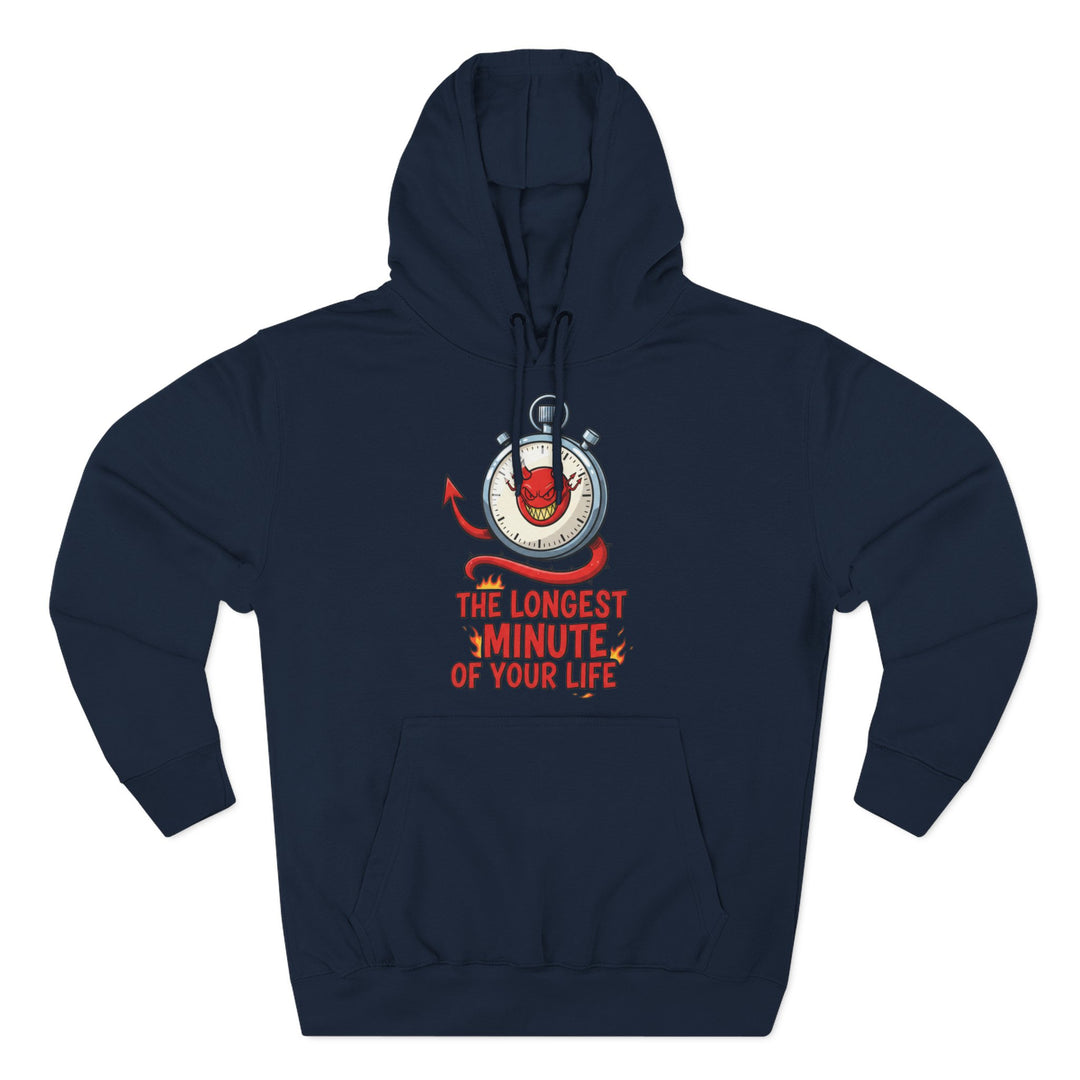 Navy hoodie by S&amp;W Gallus featuring a stopwatch with a devil inside and the phrase "The Longest Minute of Your Life."