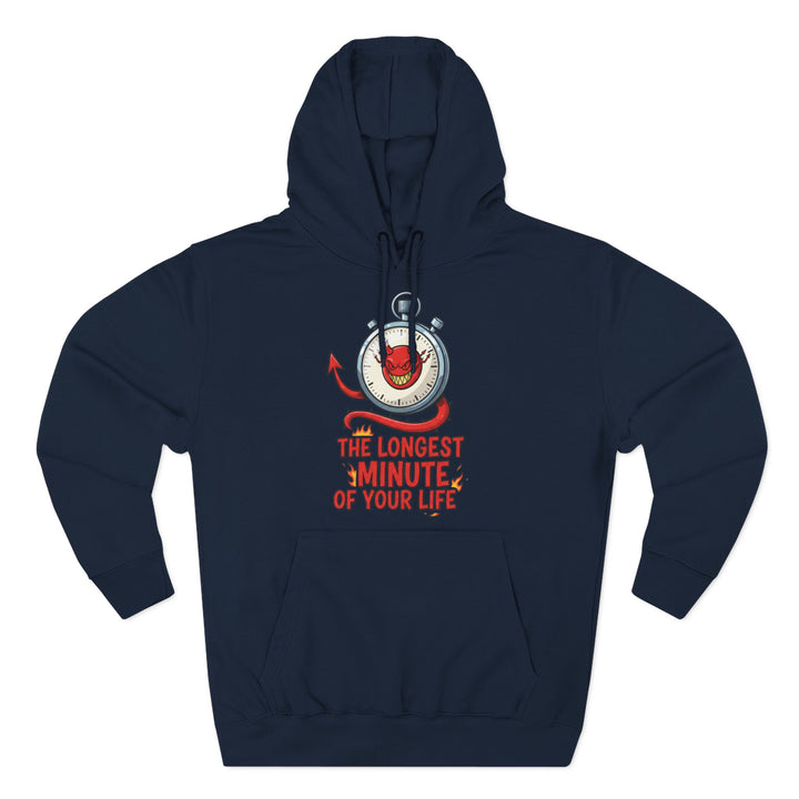 Navy hoodie by S&amp;W Gallus featuring a stopwatch with a devil inside and the phrase "The Longest Minute of Your Life."