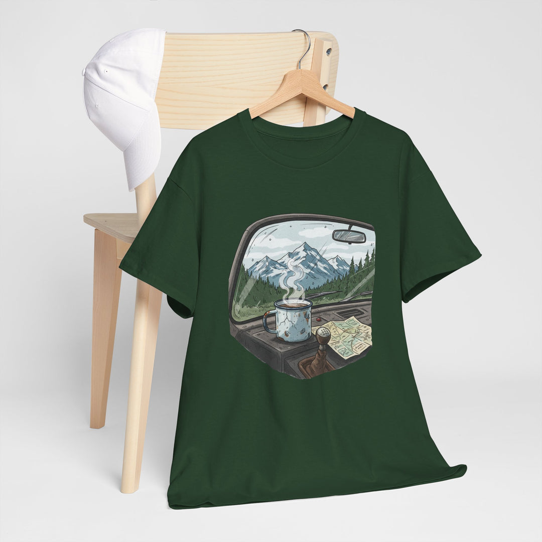 Van Roadtrip View T-Shirt featuring a scenic travel-inspired design. Soft cotton comfort perfect for van life, road trips, and outdoor adventures.